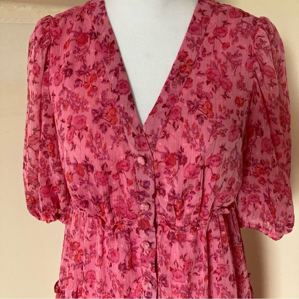 Taylor Pink Floral Ruffle Short Sleeve V neck Button Up Mini Dress size 4 - Picture 6 of 8